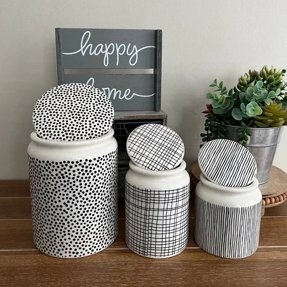 New Thyme & Table 3-Piece Boho Geo Stoneware Canister Set Dots & Gridlines
